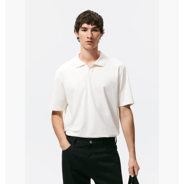 Zara- Polo Shirt With Slit Collar- Oyster White