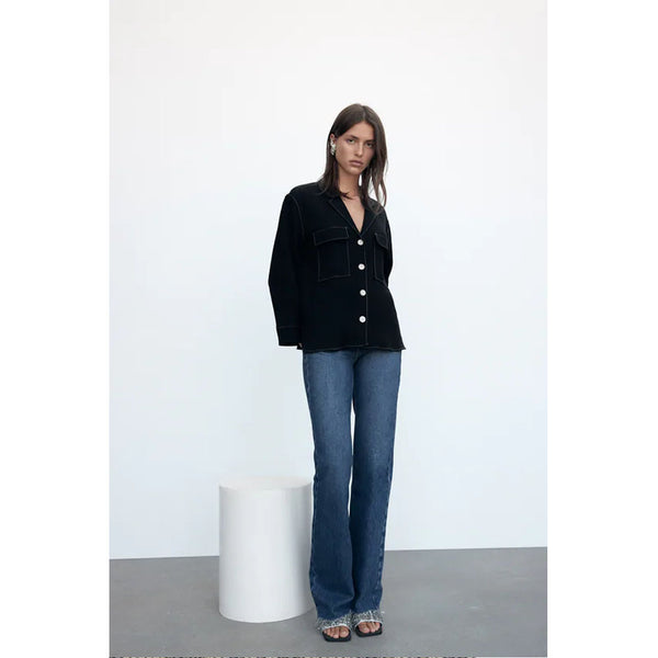 Zara- Blouse With Contrast Topstitching- Black
