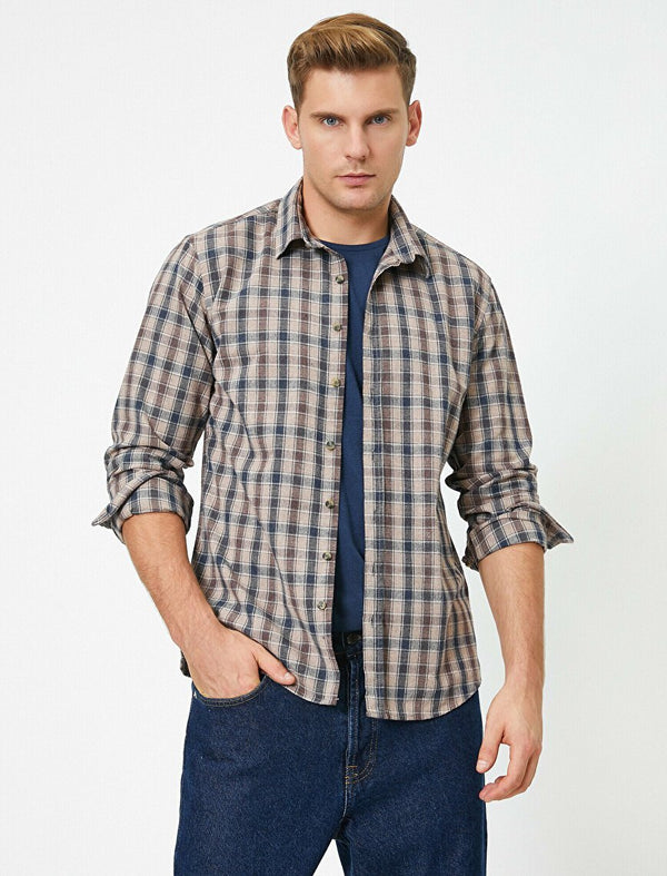 Koton- Cotton Long Sleeve Checked Smart Shirt - Brown Check