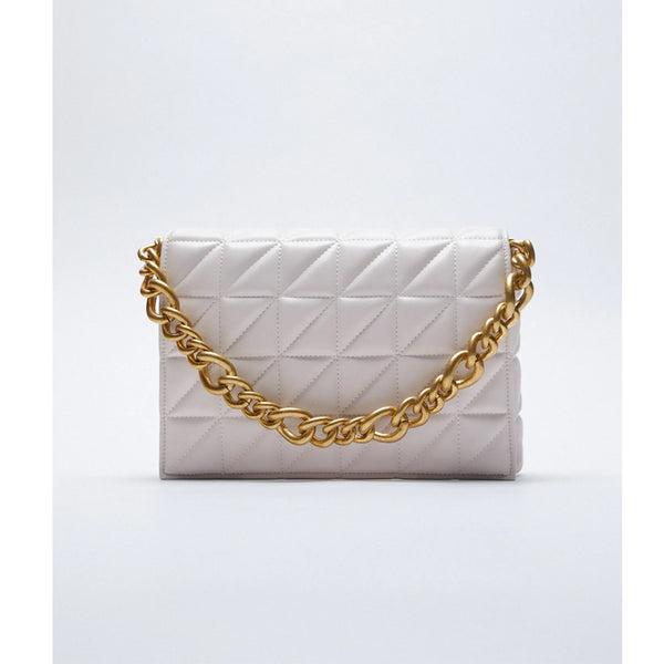 Zara- Quilted Shoulder Bag With Chain- White