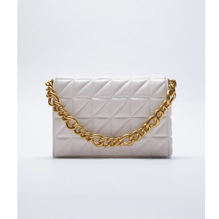 Zara- Quilted Shoulder Bag With Chain- White