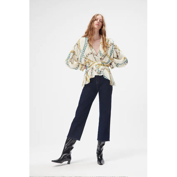 Zara- Chain Print Top- Ecru/Blue