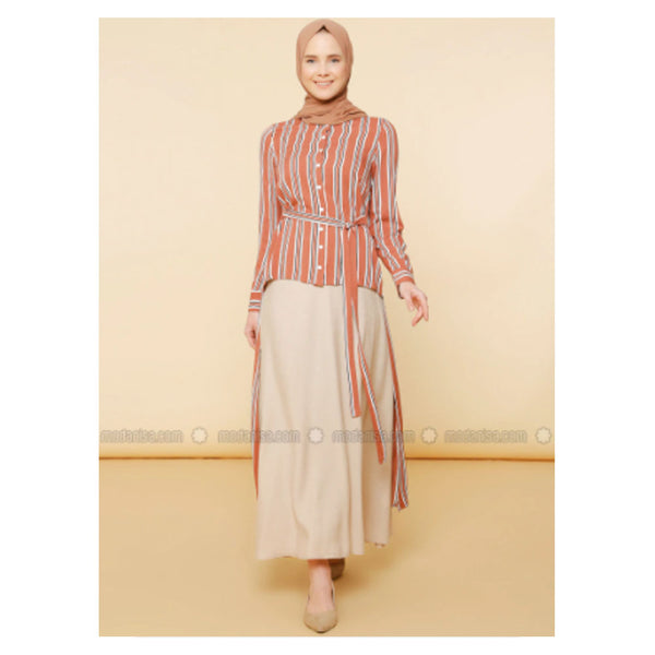 Modanisa- Mnatural Cinnamon - Stripe - Crew neck - Viscose - Tunic