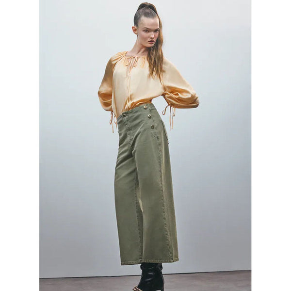 Zara- Z1975 Cropped Wide-Leg Jeans With Buttons- Light khaki