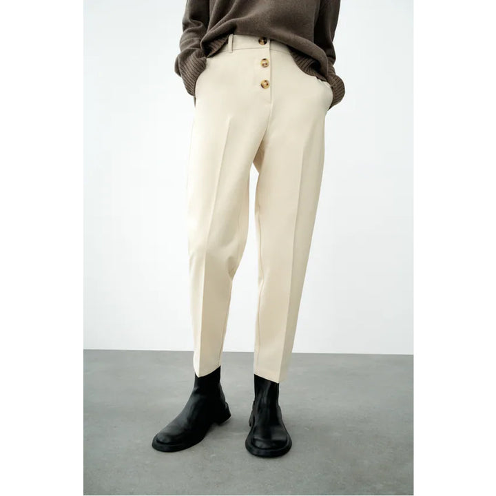 Zara- High-Waist Buttoned Trousers- Cream