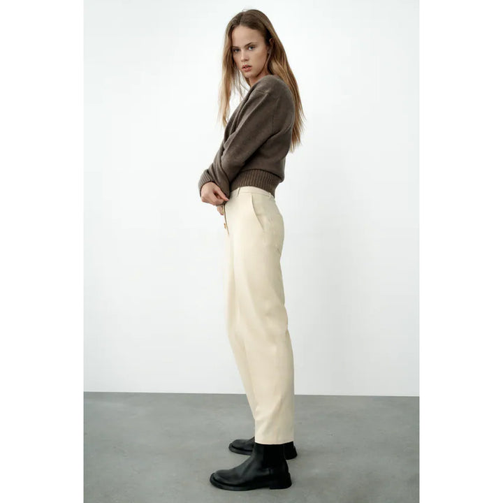 Zara- High-Waist Buttoned Trousers- Cream