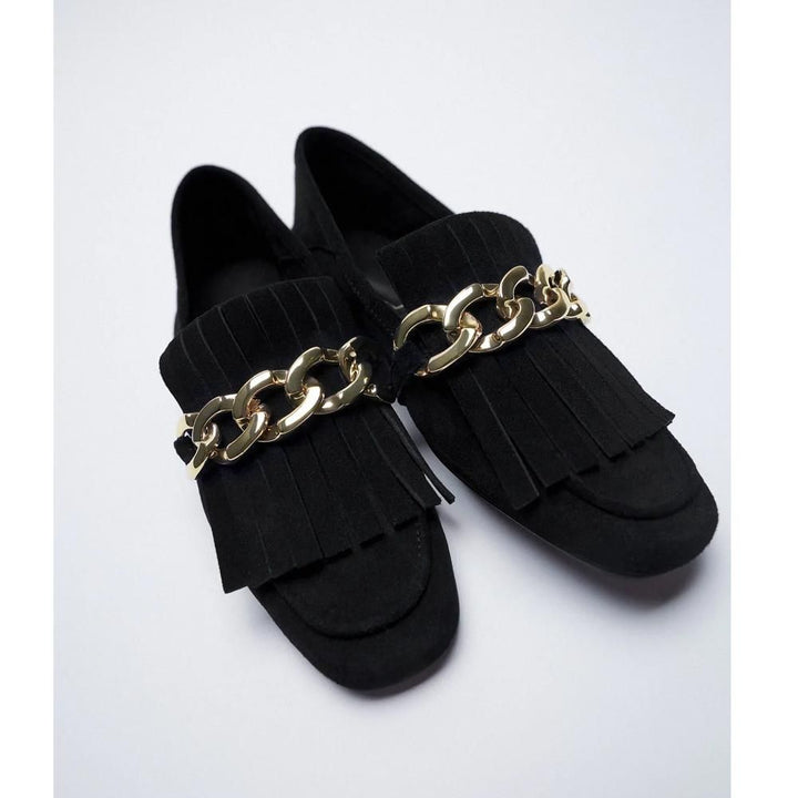 Zara- Split Suede Loafers With Chain And Fringing