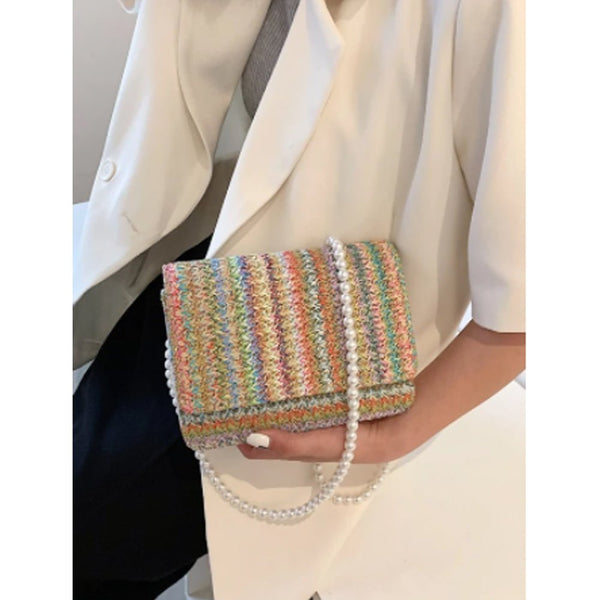 Shein- Faux Pearl Decor Straw Crossbody Bag