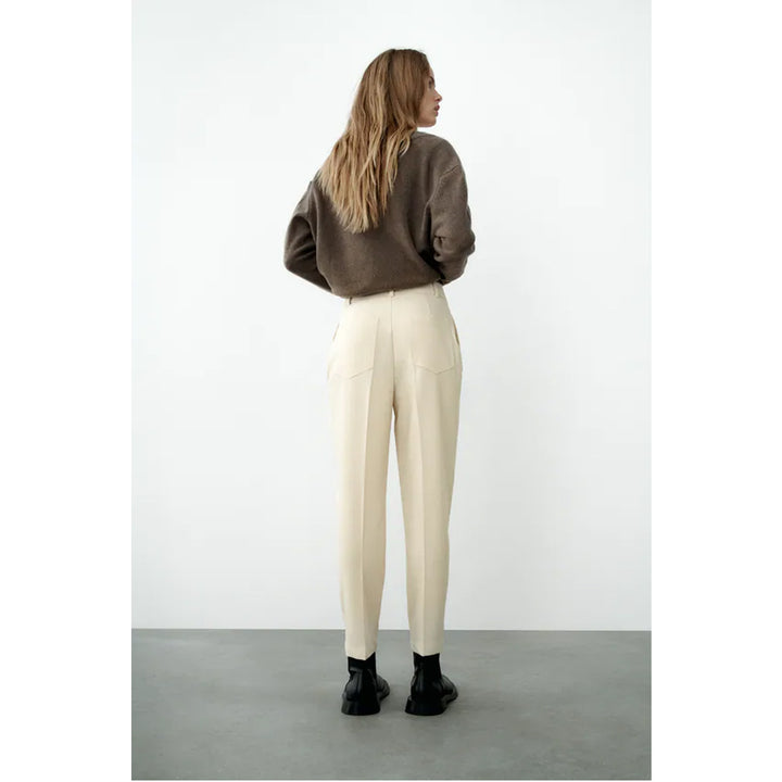 Zara- High-Waist Buttoned Trousers- Cream