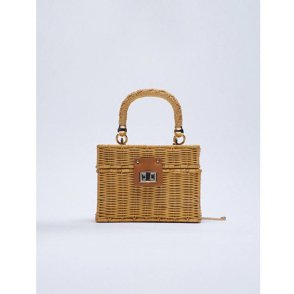 Zara- Woven Minaudière With Metallic Clasp- Natural