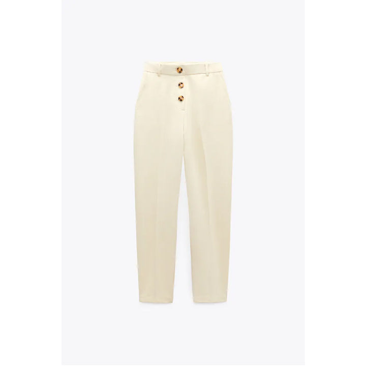Zara- High-Waist Buttoned Trousers- Cream