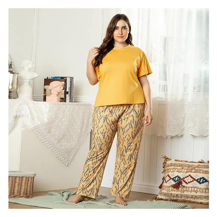 Wf Store- Plain T-Shirt With Printed Pajama Suit For Her- Yellow