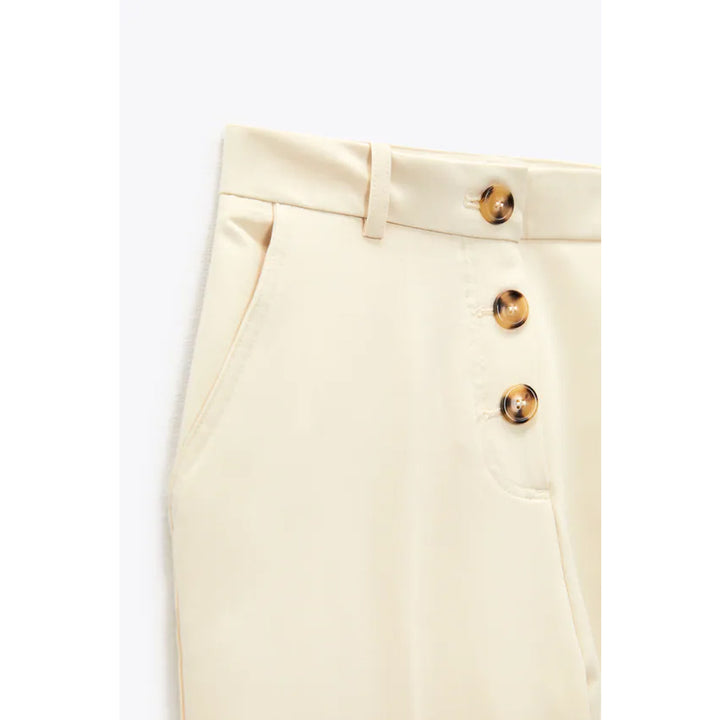 Zara- High-Waist Buttoned Trousers- Cream