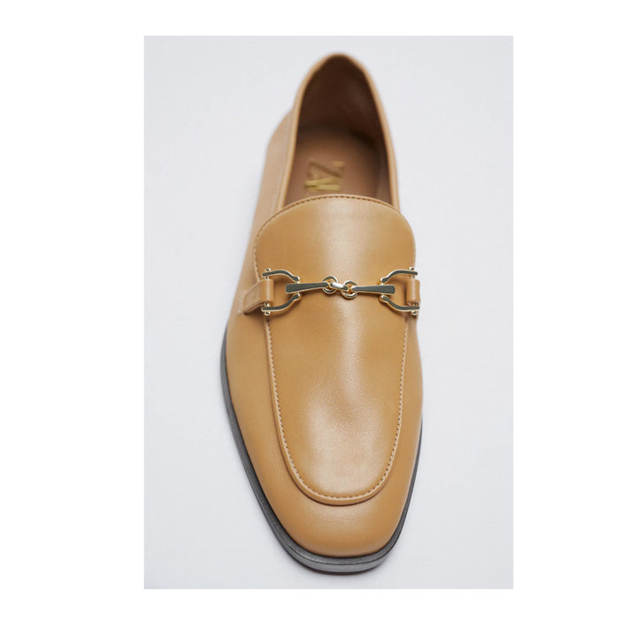 Zara- leather Flat Loafers With Buckle Detail