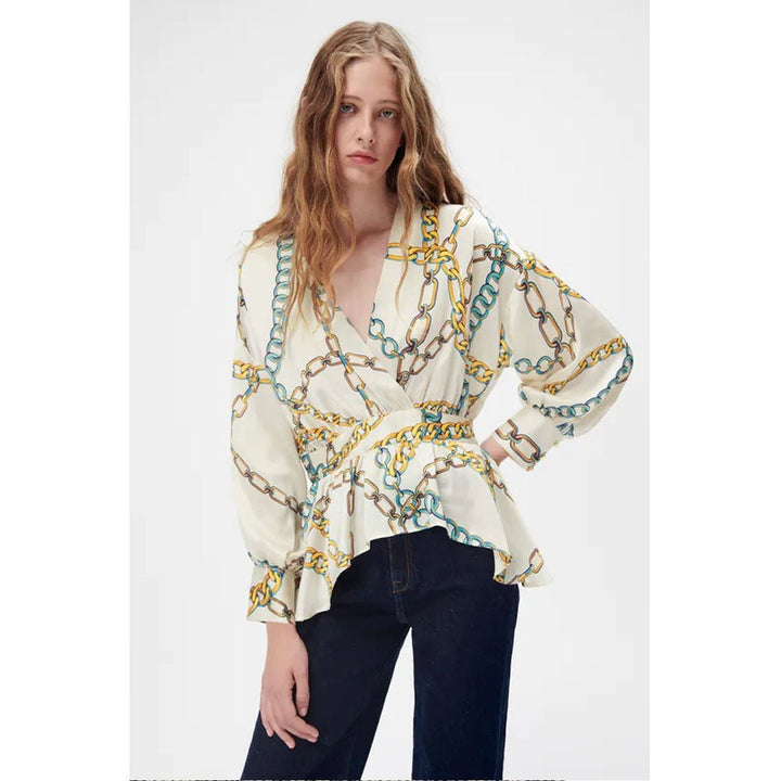 Zara- Chain Print Top- Ecru/Blue