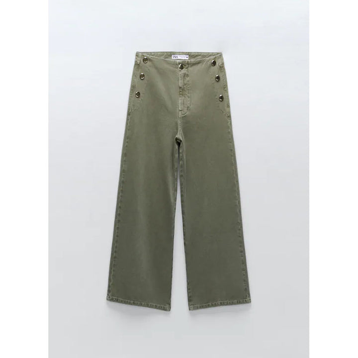 Zara- Z1975 Cropped Wide-Leg Jeans With Buttons- Light khaki