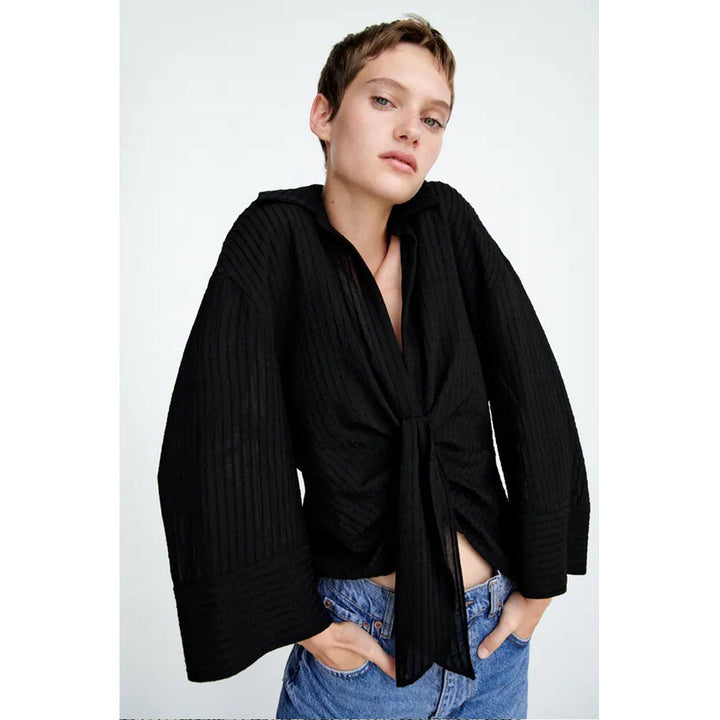 Zara- Draped Top With Knot- Black