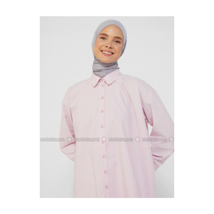Modanisa- Refka Pink - Stripe - Point Collar - Cotton - Tunic