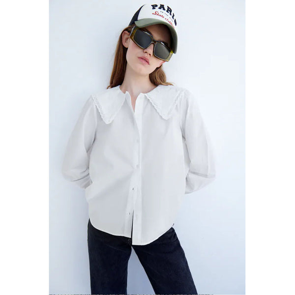 Zara- Embroidered Poplin Shirt- White