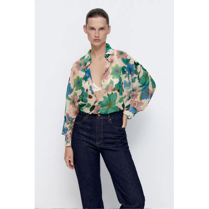 Zara- Floral Print Shirt-  Ecru/Green