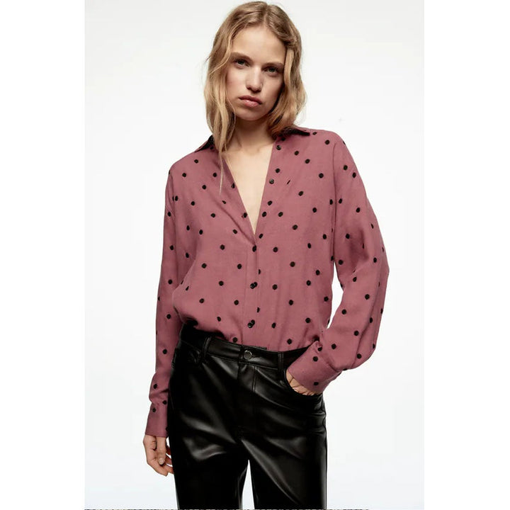 Zara- Contrast Polka Dot Shirt- MARSALA