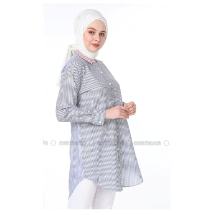 Modanisa- SAHRA BUTİK Navy Blue - Stripe - Point Collar - Tunic