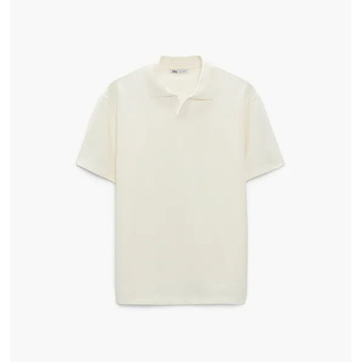 Zara- Polo Shirt With Slit Collar- Oyster White