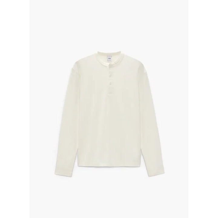 Zara- T-Shirt With Buttoned Neck- Ecru