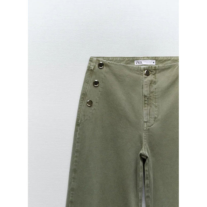 Zara- Z1975 Cropped Wide-Leg Jeans With Buttons- Light khaki