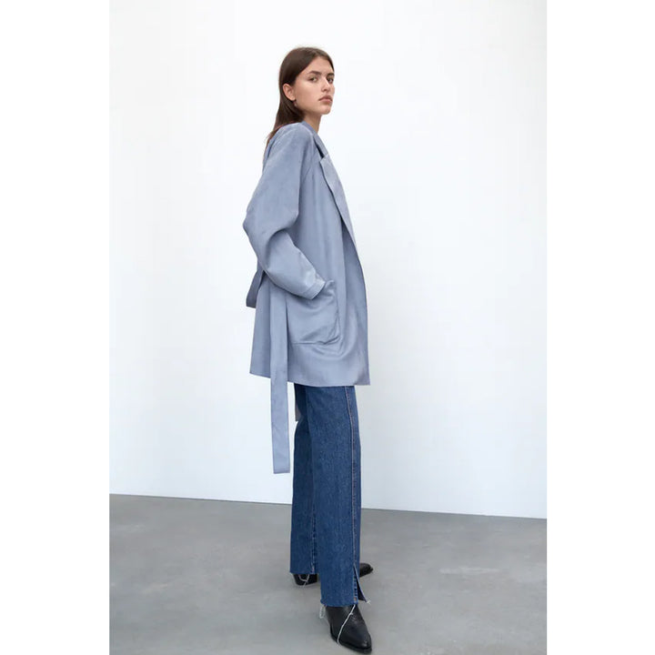 Zara- Faux Suede Jacket With Belt- Dusty Blue
