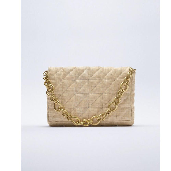 Zara- Quilted Shoulder Bag With Chain- Natural
