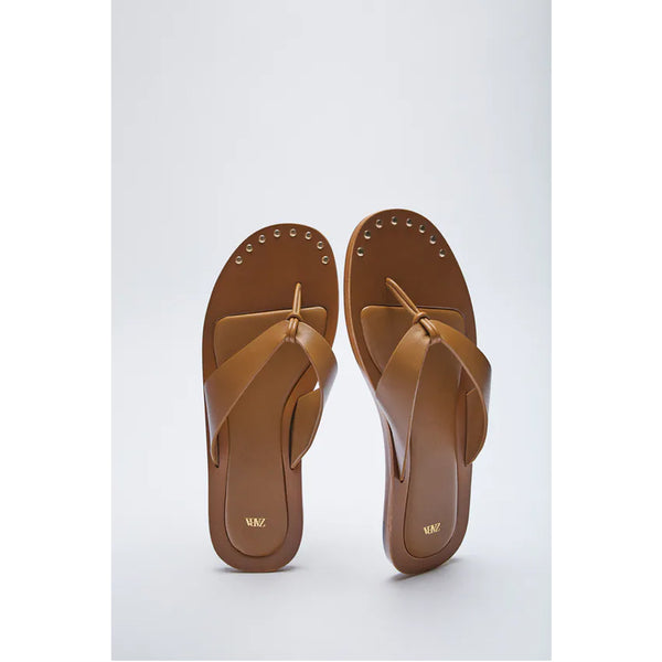Zara- Flat Leather Sandals- Brown