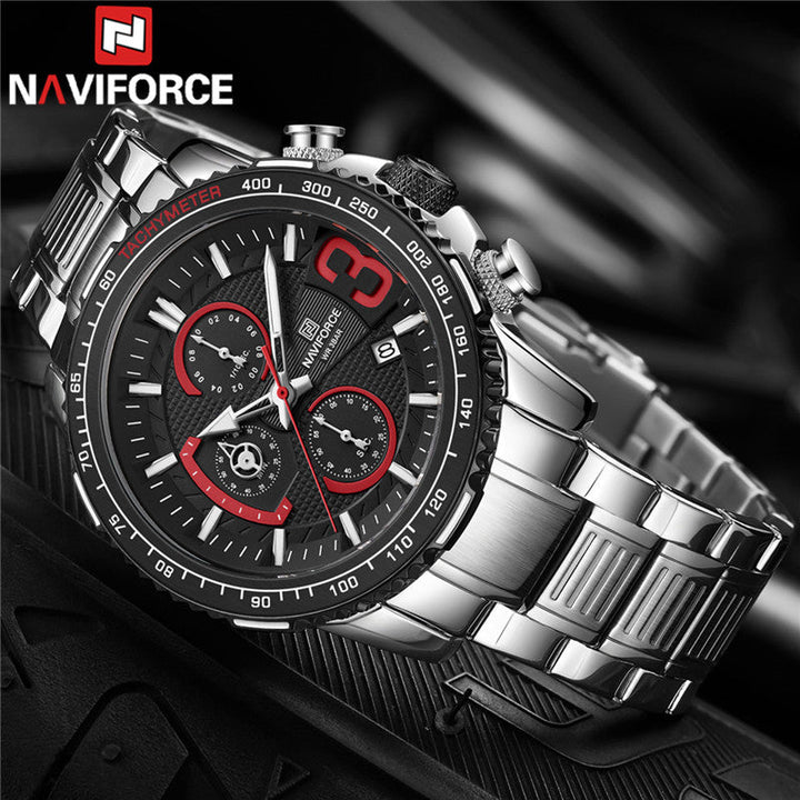 NAVIFORCE- NF8017 Mens Watch Business Casual Fashion Multifunction 30M Waterproof Silver Black Stainless Steel Watches for Men Quartz Watches