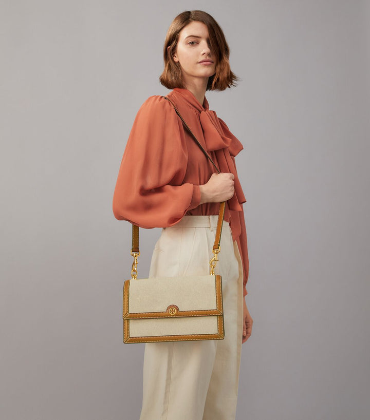 Tory Burch-T monogram Canvas Shoulder Bag Natural