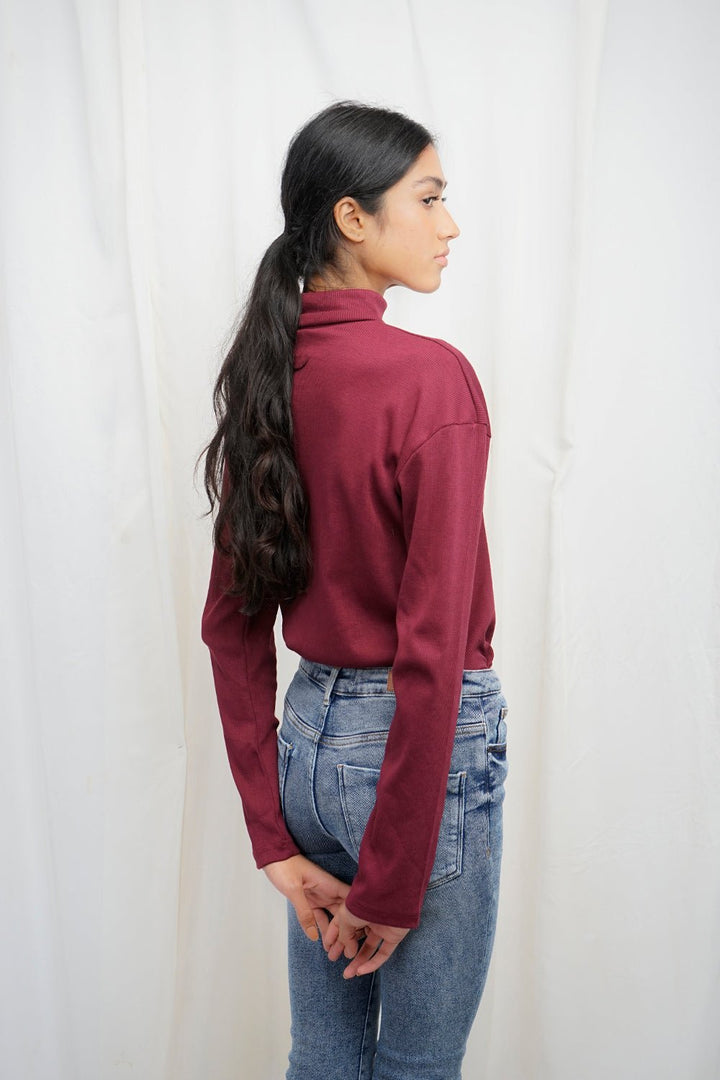 VYBE High Neck Slim Fit Basic Tee-Maroon