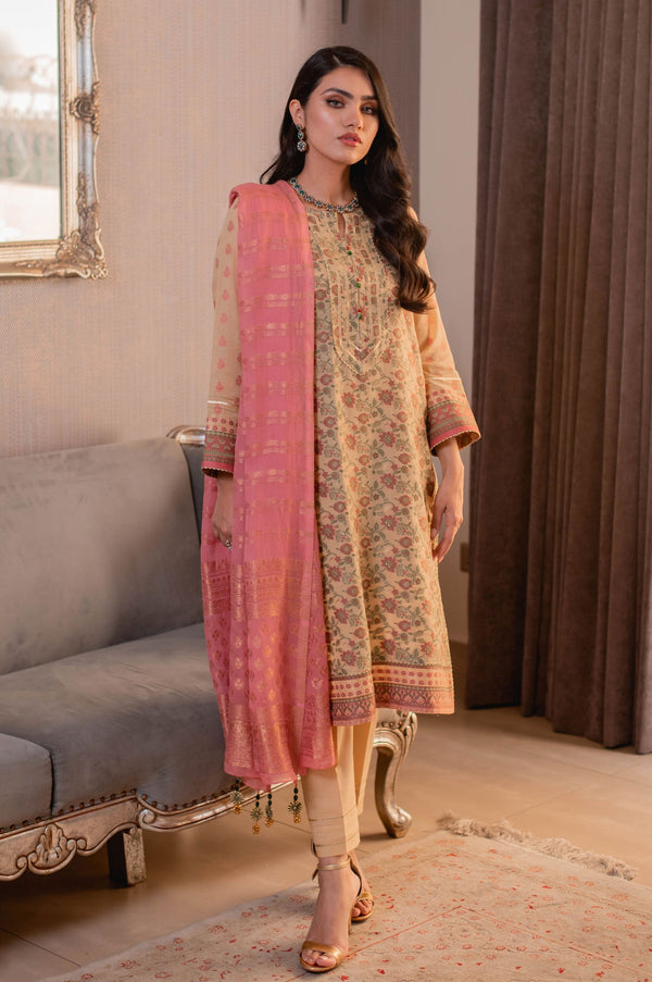 Stitched 6- Woven Ethnic 3 Pcs Shirt, Bottom And Dupatta-810924