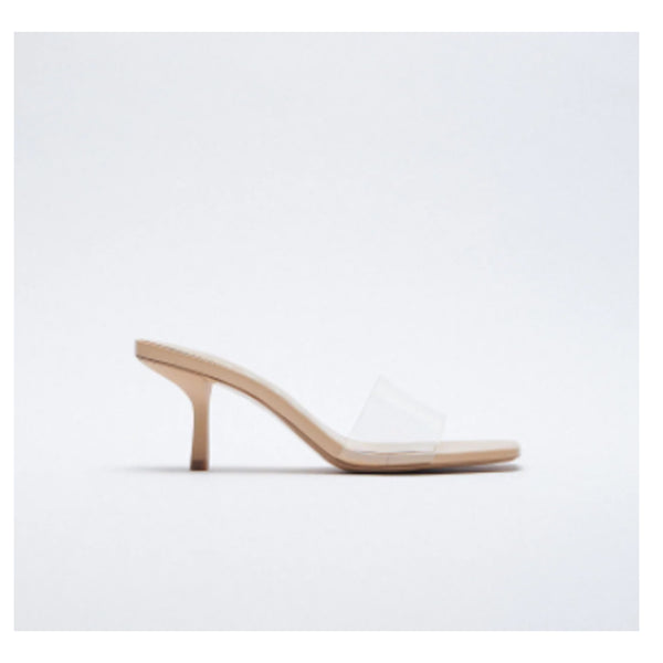Zara- Beige Heeled Sandals. Transparent Vinyl Strap Across The Front. Mid Stiletto Heel.