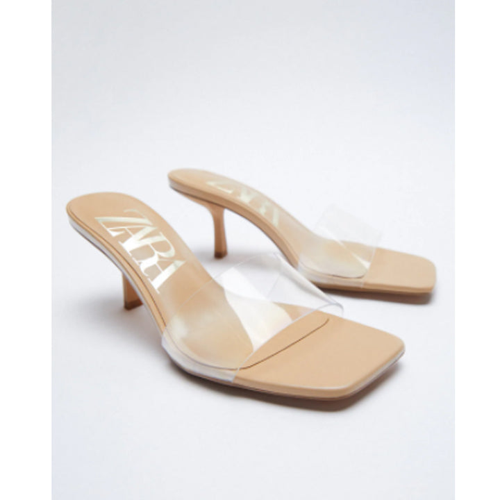 Zara- Beige Heeled Sandals. Transparent Vinyl Strap Across The Front. Mid Stiletto Heel.