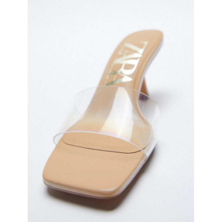 Zara- Beige Heeled Sandals. Transparent Vinyl Strap Across The Front. Mid Stiletto Heel.