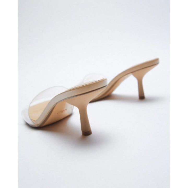 Zara- Beige Heeled Sandals. Transparent Vinyl Strap Across The Front. Mid Stiletto Heel.