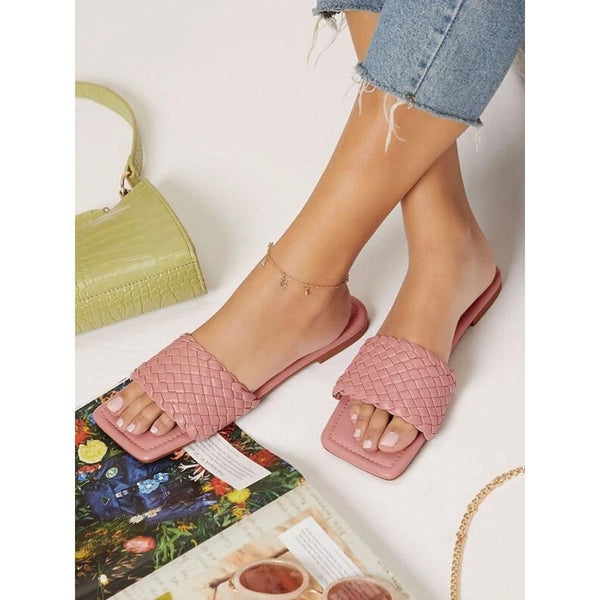 Shein- Pleather Basketwoven Vamp Square Toe Slides